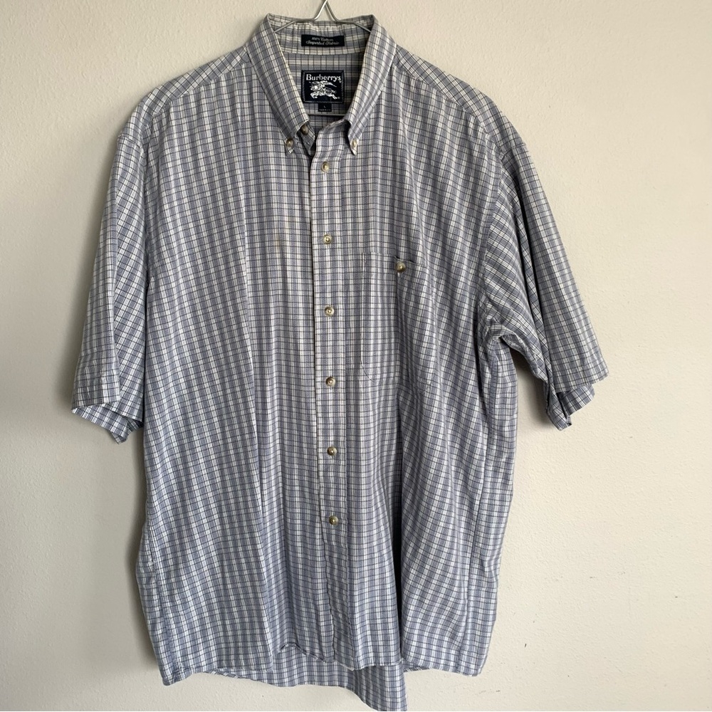 Vintage Burberry Men's Large Button Up Short Sleeve Blue Check Cotton Summer